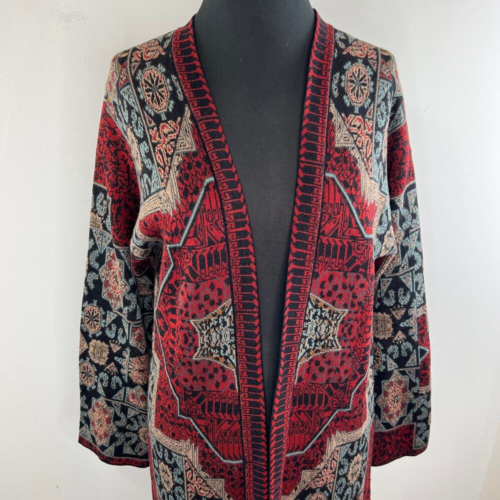 Peruvian Connection Open Front Cardigan Sweater Red Medallion Red Long Slv Sz S - Picture 2 of 6